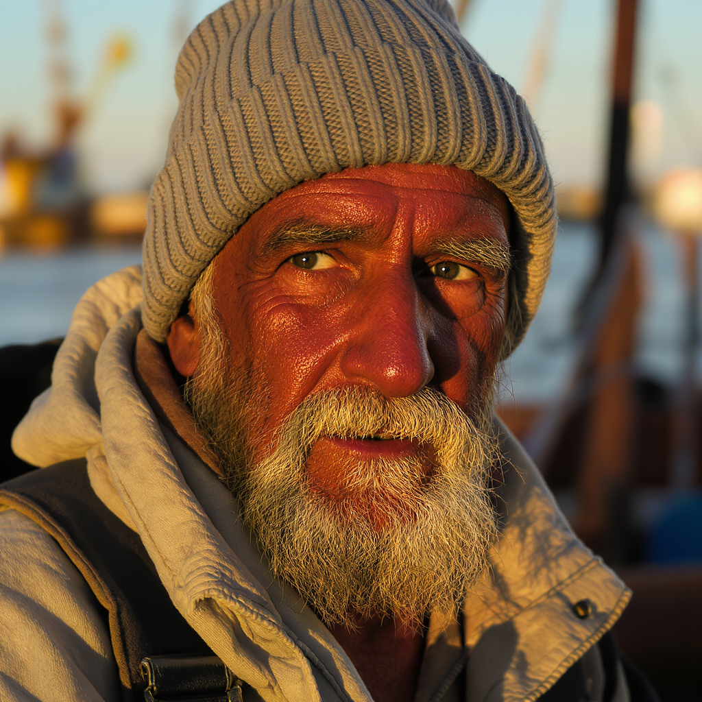 FLUX Kontext Pro: A portrait of an elderly fisherman with a weathered face and a knitted wool cap, golden hour light, shallow depth of field