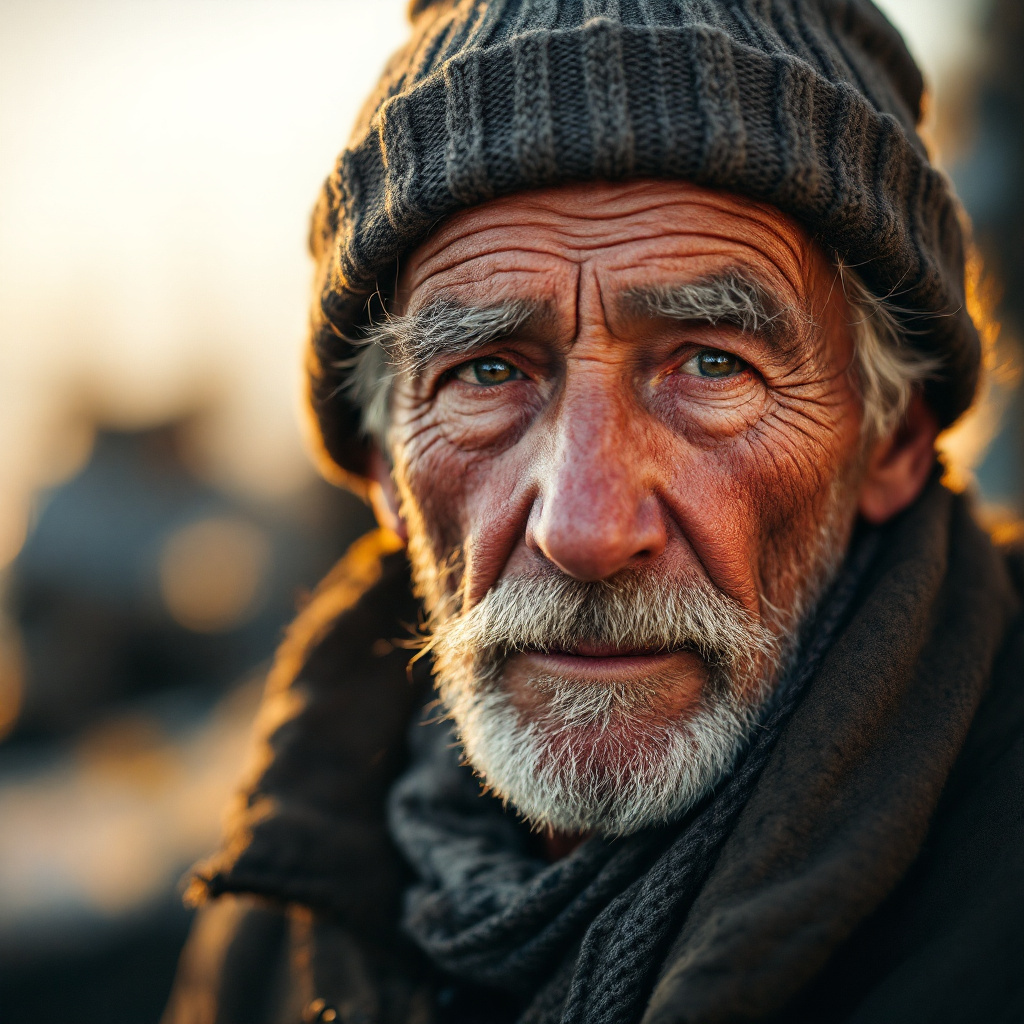 FLUX 1.1 Pro: A portrait of an elderly fisherman with a weathered face and a knitted wool cap, golden hour light, shallow depth of field