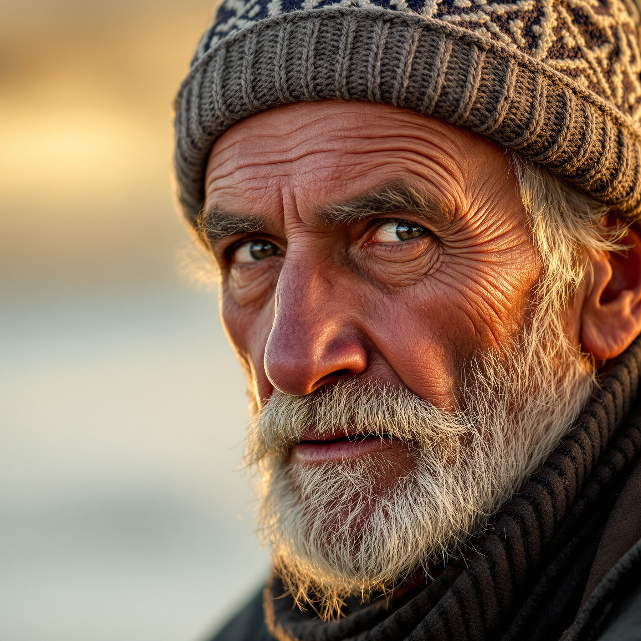 FLUX 1.1 Pro Ultra: A portrait of an elderly fisherman with a weathered face and a knitted wool cap, golden hour light, shallow depth of field