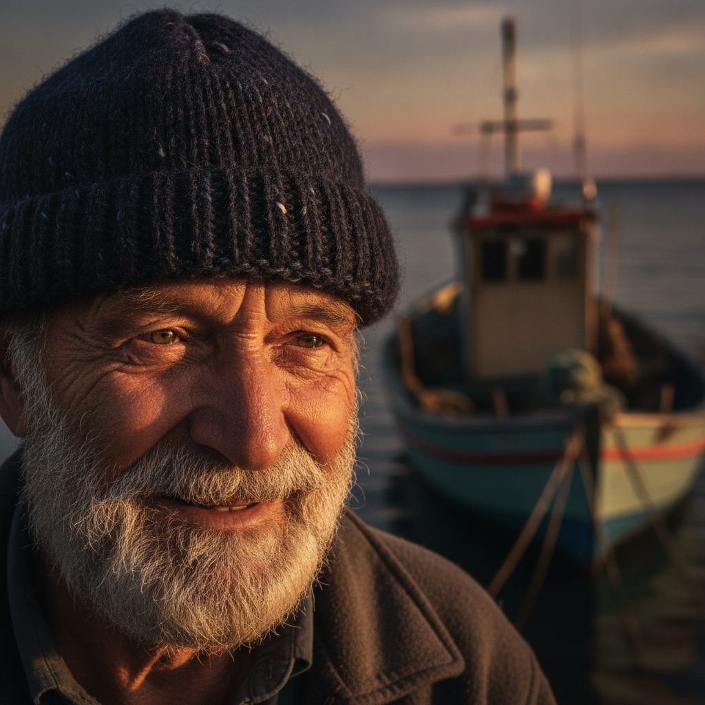 Gemini 2.5 Flash Image: A portrait of an elderly fisherman with a weathered face and a knitted wool cap, golden hour light, shallow depth of field