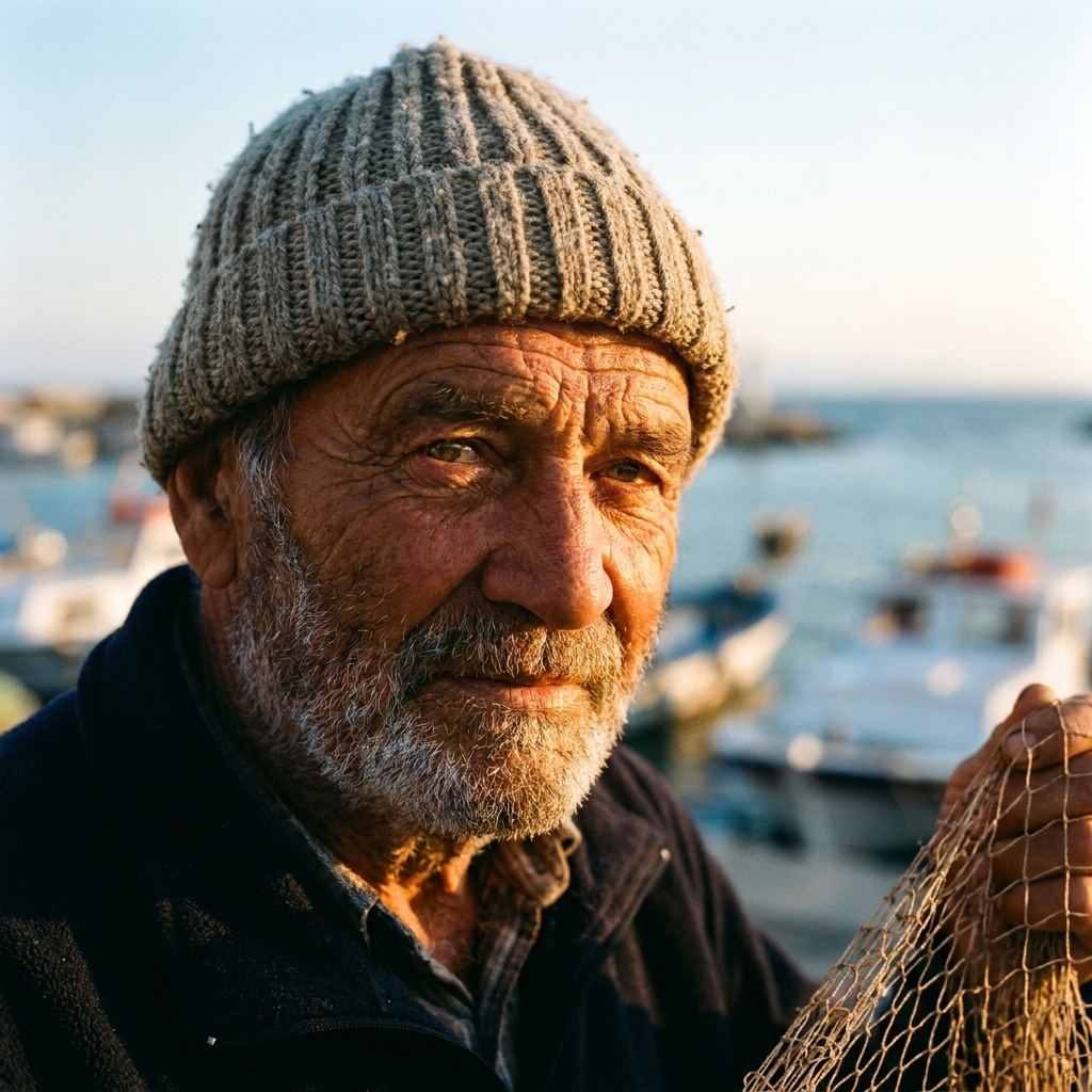 Gemini 3 Pro Image: A portrait of an elderly fisherman with a weathered face and a knitted wool cap, golden hour light, shallow depth of field