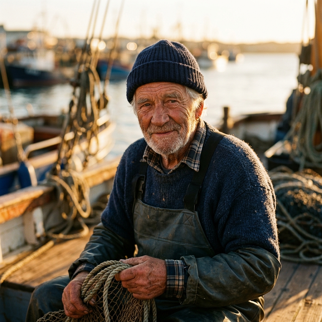 Gemini 3.1 Flash Image: A portrait of an elderly fisherman with a weathered face and a knitted wool cap, golden hour light, shallow depth of field
