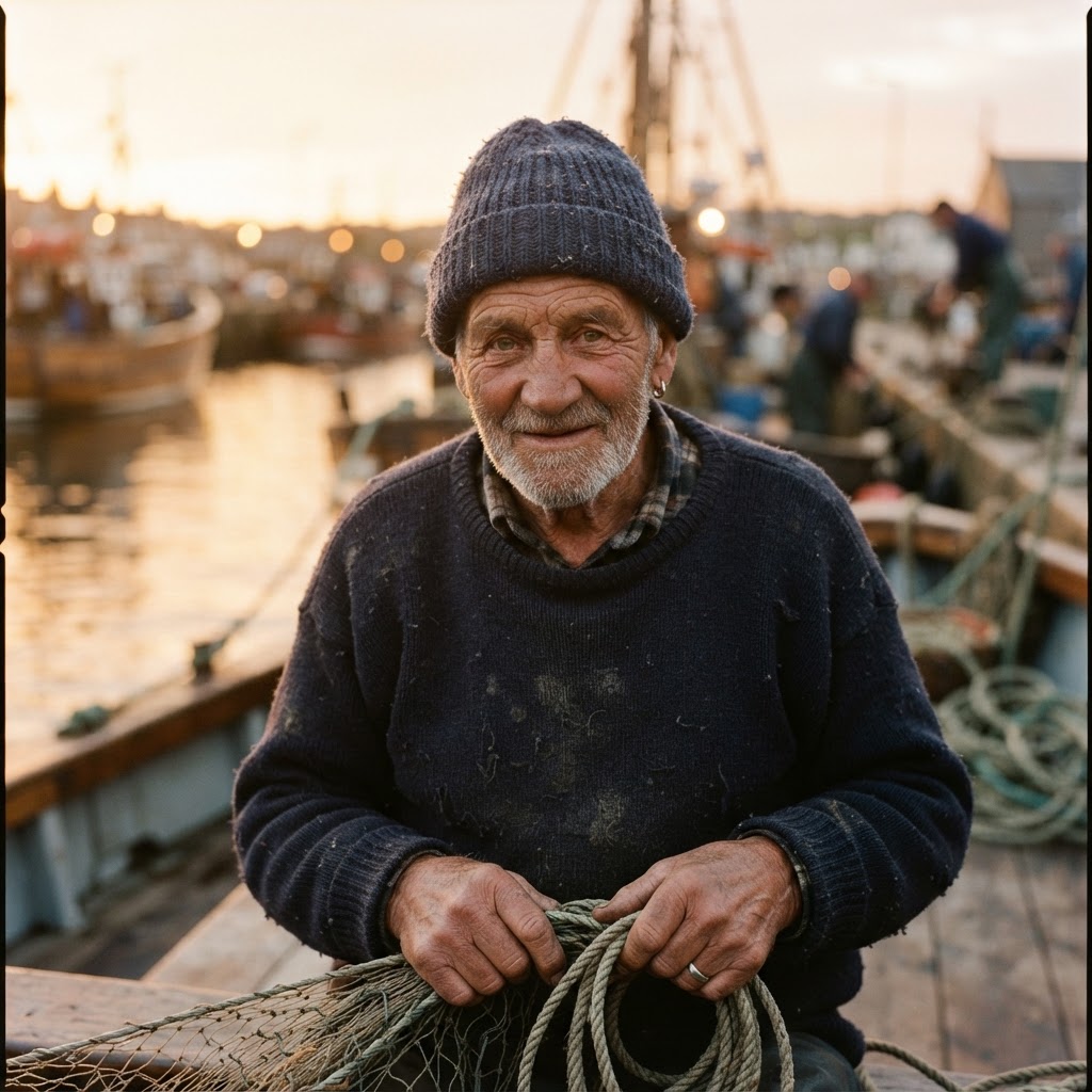 Gemini 3.1 Flash Lite Image: A portrait of an elderly fisherman with a weathered face and a knitted wool cap, golden hour light, shallow depth of field