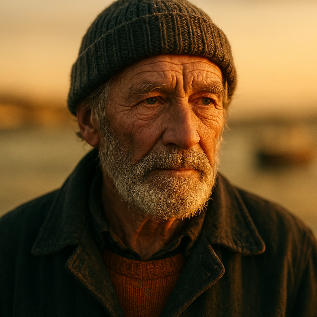 GPT Image 1 Mini: A portrait of an elderly fisherman with a weathered face and a knitted wool cap, golden hour light, shallow depth of field