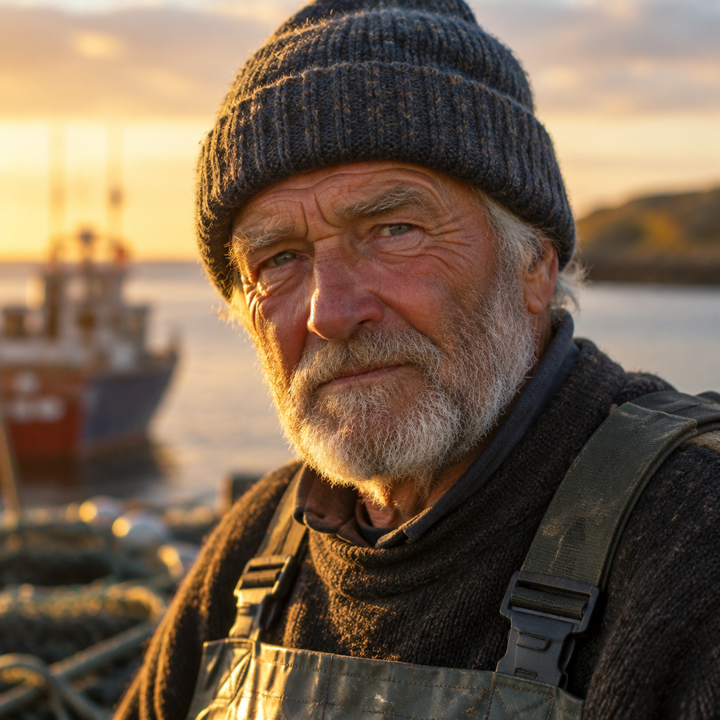 GPT Image 2.5 — fast: A portrait of an elderly fisherman with a weathered face and a knitted wool cap, golden hour light, shallow depth of field