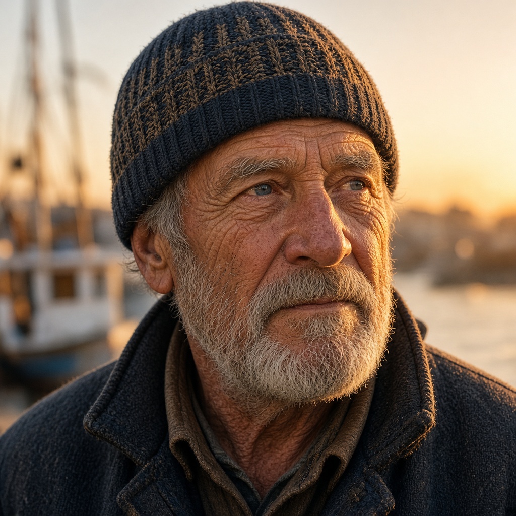Grok Imagine: A portrait of an elderly fisherman with a weathered face and a knitted wool cap, golden hour light, shallow depth of field