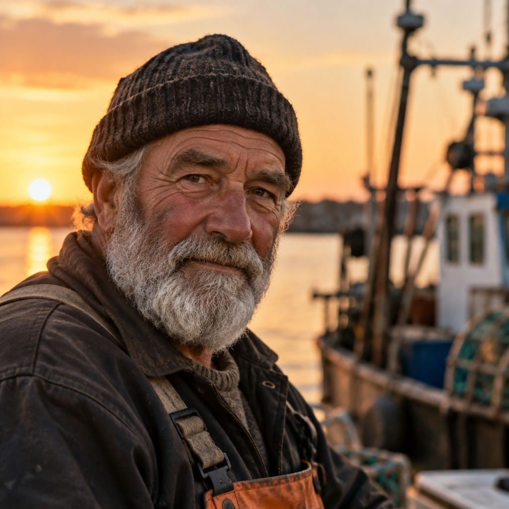 GPT Image 2.5 — quality: A portrait of an elderly fisherman with a weathered face and a knitted wool cap, golden hour light, shallow depth of field