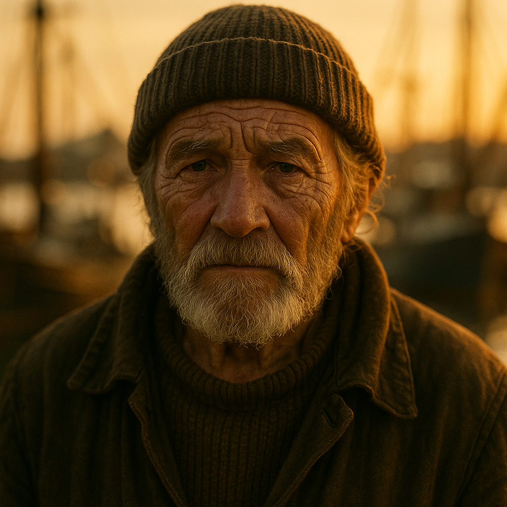 GPT Image 1: A portrait of an elderly fisherman with a weathered face and a knitted wool cap, golden hour light, shallow depth of field